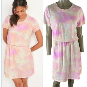 Old Navy Tie Dye Short Sleeve Knit T Shirt Dress Pullover Size L Tall Pink Peach
